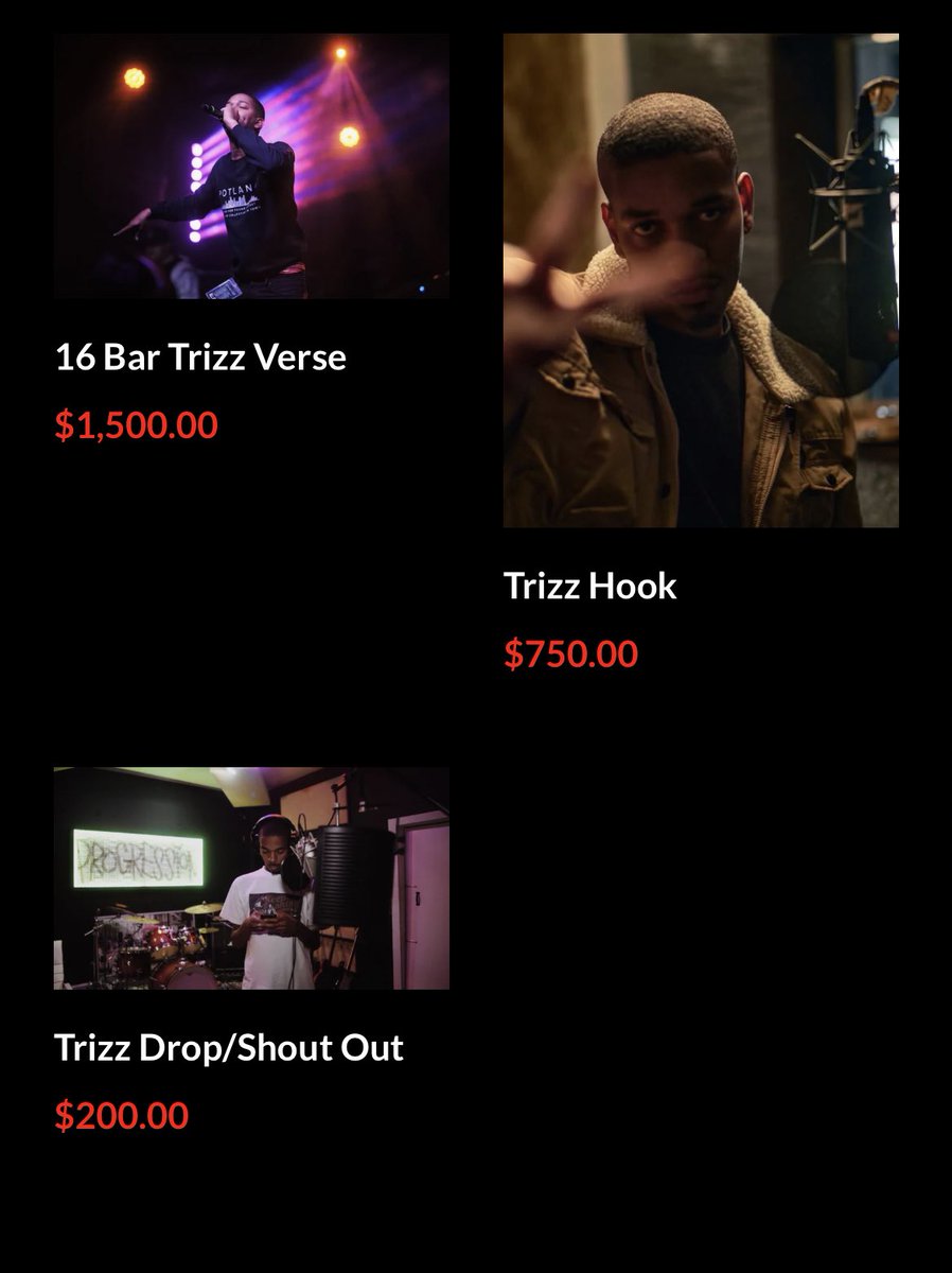 You can now go through my site to purchase verses/hooks/drops straight through my website with a 48 hour turn around. No more hassles through DMs or email. Thanks

Trizzonline dot com.