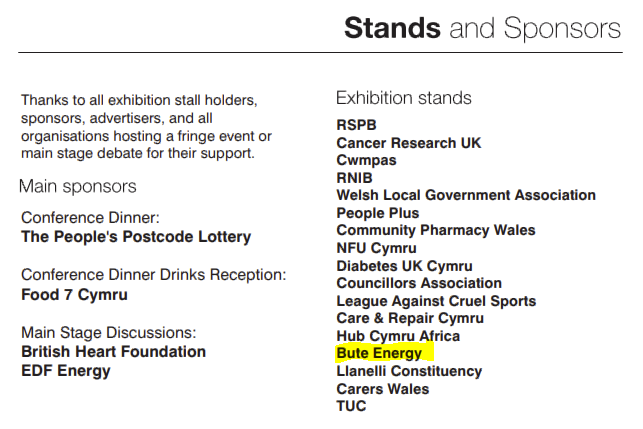 JacotheNorth's tweet photo. Some worrying presences at @Plaid_Cymru's Spring Conference. 
Including Bute Energy, a Scottish company that wants to cover Wales in 20 wind farms and run ugly pylons for 60 miles from east of Llandrindod down to Carmarthen, and the Grid. https://t.co/LIvhgm3Xd9