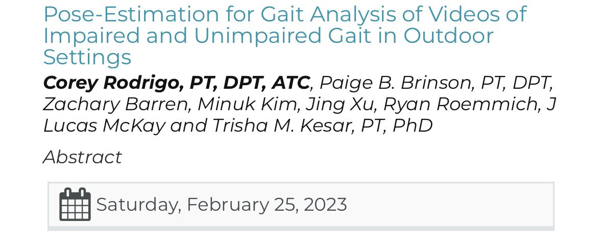 Come chat with me today about the utility of pose estimation for impaired and unimpaired gait. I’ll be hanging out from 1-3pm at poster 3355 discussing some previous work at with <a href="/kesar_lab/">Kesar Lab</a> at <a href="/emorydpt/">Emory DPT</a>