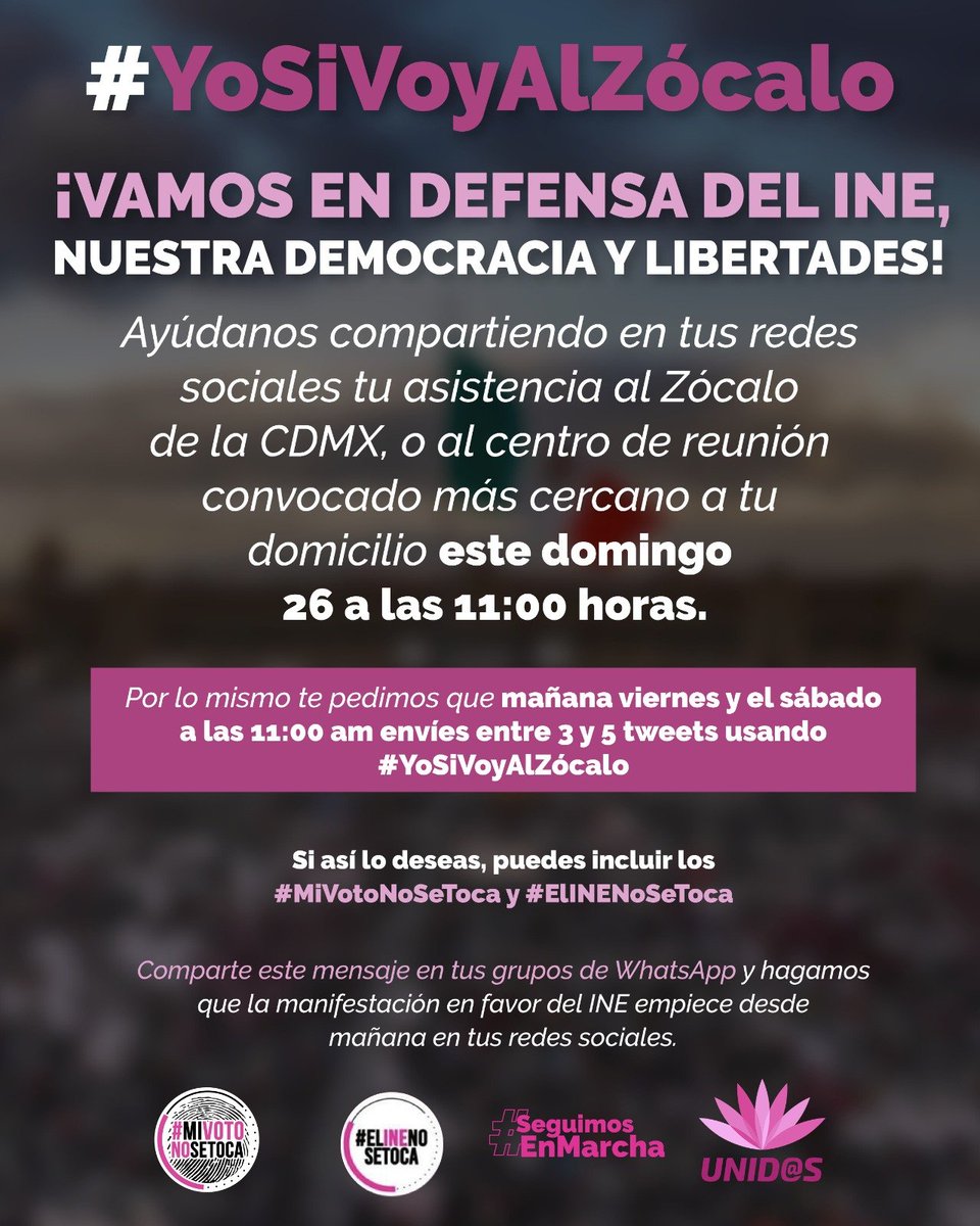 redesunidosmx's tweet photo. ¡Estamos listos! Mañana:  #YoSíVoyAlZocalo a defender la democracia de nuestro país y decirle a la corte que: 
#MiVotoNoSeToca 
#ElINENoSeToca 
#SeguimosEnMarcha https://t.co/jVkUPDN1rF