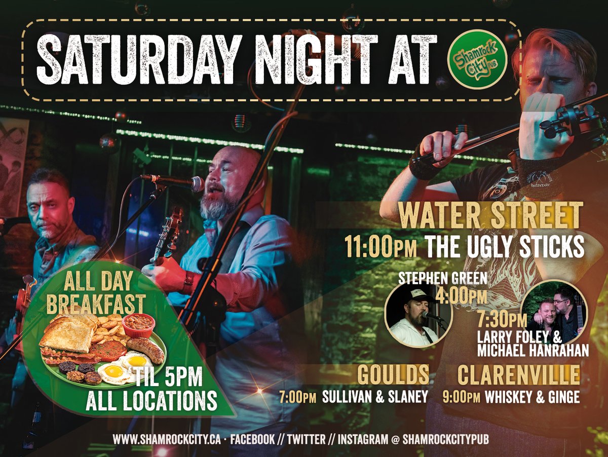 ☘ Join us for a night of fun at Shamrock City Pub! ☘

Water St: Stephen Green at 4pm, Larry Foley &amp; Michael Hanrahan at 730pm then the Ugly Sticks on stage at 11pm.
Goulds: Sullivan &amp; Slaney at 7pm.
Clarenville: Whiskey &amp; Ginge 9pm.

<a href="/DowntownStJohns/">Downtown St. John's</a> <a href="/NLLiveEvents/">NL Live Events</a> #livemusic