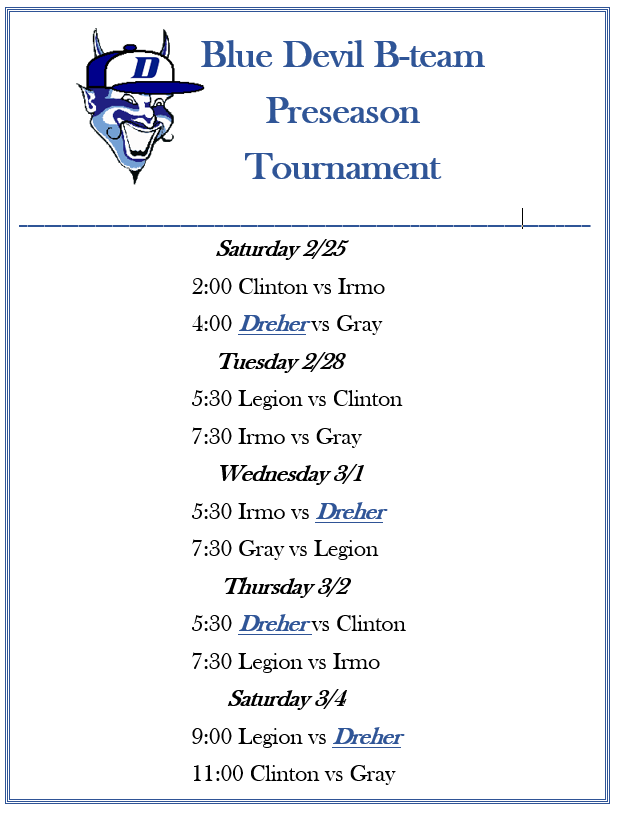 DreherBaseball's tweet photo. Dreher B-team in action this week as they host the Blue Devil B-team Preseason tournament. 1st game @ 2:00 today. See when your Blue Devils play below.β¬οΈ #DirtDevils #ForksUp
@dreherathletics @dreherbooster https://t.co/e7iF9MQxbF