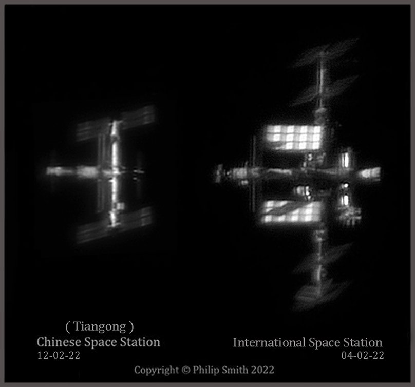 I combined CSS / ISS from 2022 into one image to share with you. Setup  Edge HD 14′′  with 2 different Red  filters for each image on a ZWO ASI174 mm with global shutter and Baader Planetarium Carl Zeiss 2x Barlow Lens on a  Atlas Orion EQ-G mount modified  Kind Regards To All 🙂