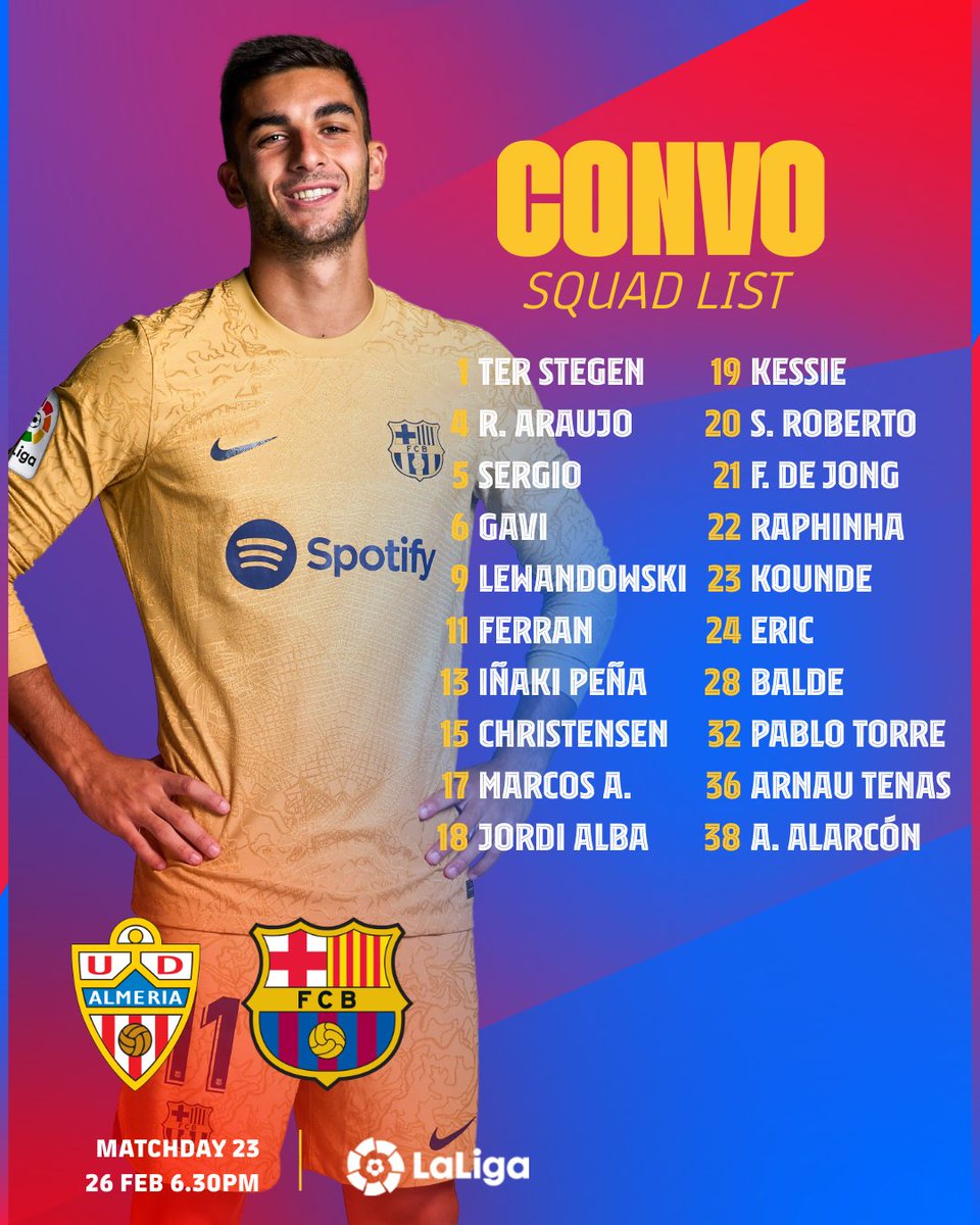 FCBarcelona's tweet photo. 🚨 The squad for #AlmeríaBarça! https://t.co/CFjRTezXEO