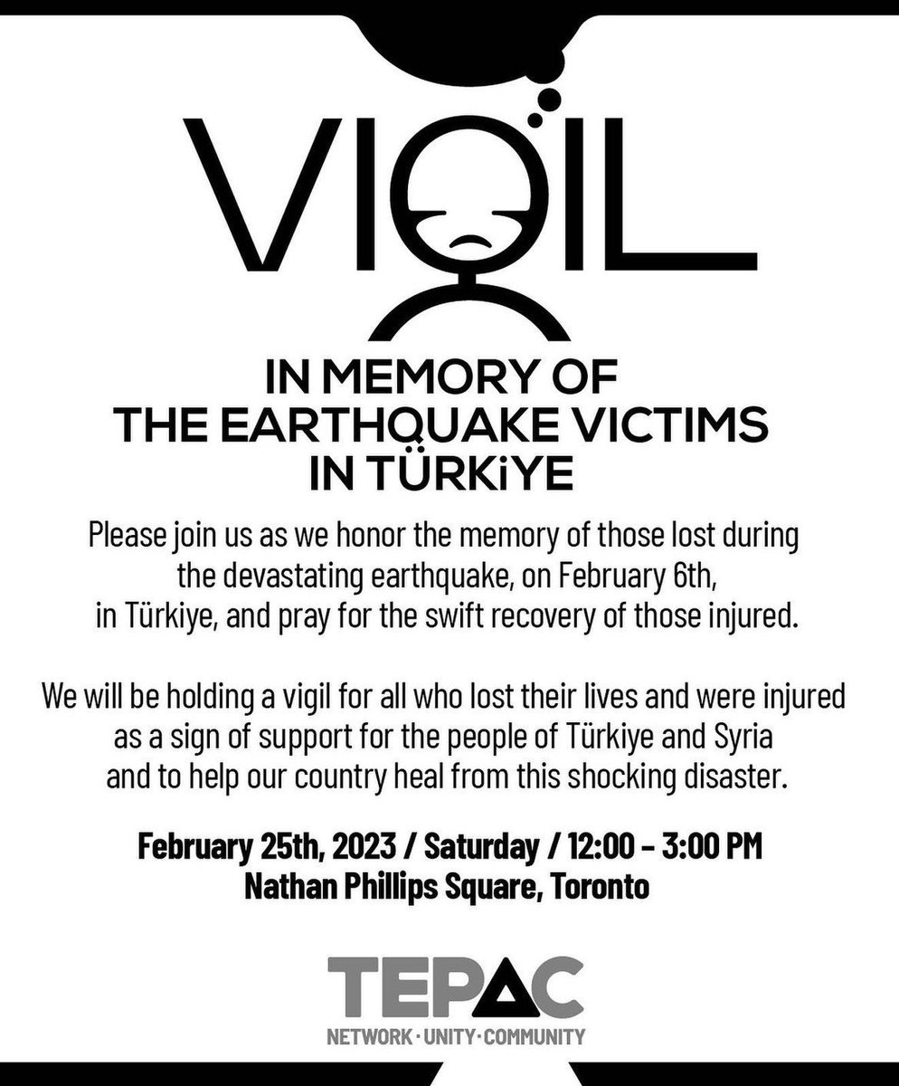 Anma törenimize hepinizi bekliyoruz.

Yer: Nathan Philips Square, Toronto
Saat: 12:00-3:00

#deprem #Turkiye #earthquakeinturkey #victims #helpTurkiyeToronto #toronto #Canada