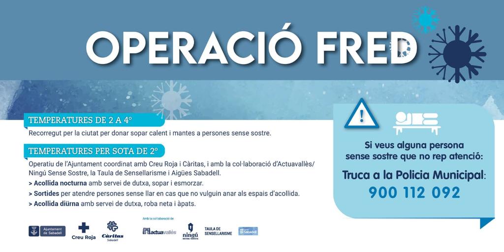Aj_Sabadell's tweet photo. #AVÍS❗️ ⚠️ Demà activem nivell 1️⃣ Operació Fred ❄️

▶️ Previsió de temperatures d'entre 2 i 4 graus

▶️ Sortida de vehicles per atendre persones sense llar i donar sopar calent i mantes

#Sabadell #OperacióFred https://t.co/YG3uJRwQsm