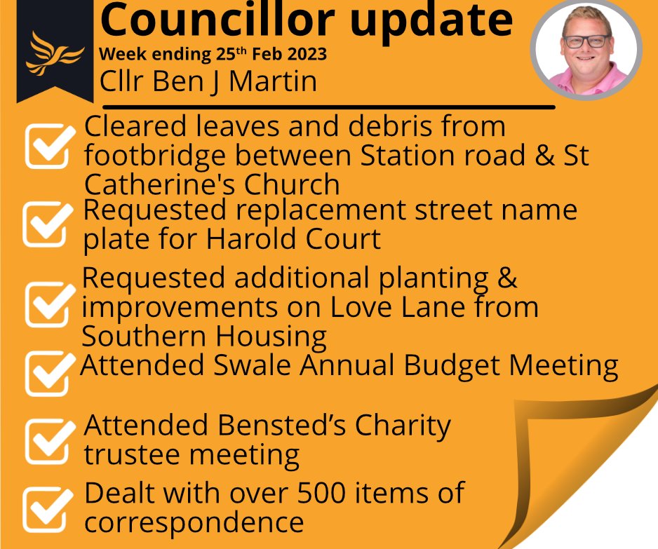 BenMartin_LD's tweet photo. Some of the things I've been up to this week. #LiberalDemocrats #WatlingWard #councillorupdate #watlingward #swalelibdems #Faversham #weeklyupdate #kentlibdems #workingforyou #workinghardallyearround #LibDems https://t.co/kXVXeOZUGu