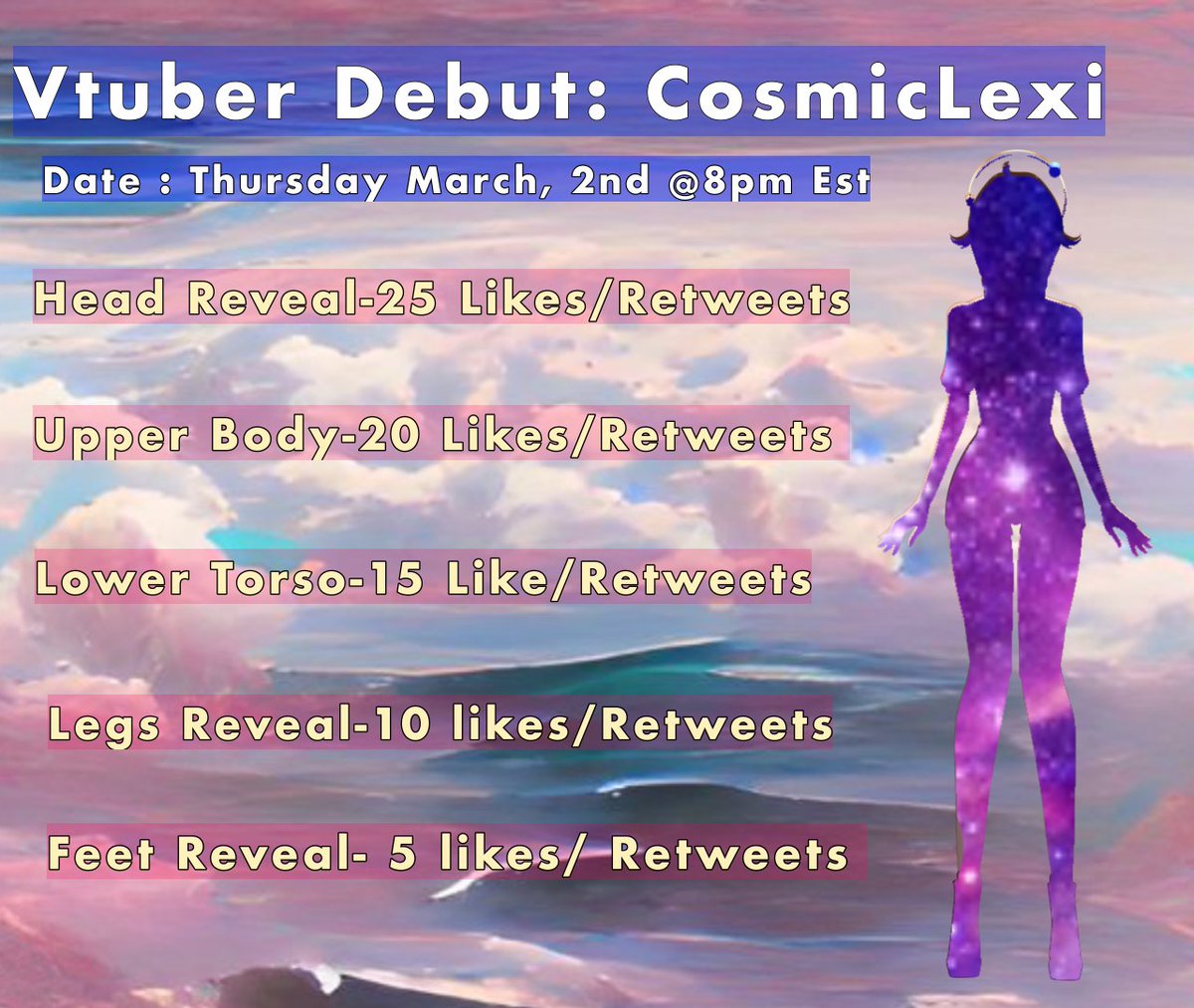 ItsCosmicLexi's tweet photo. Lexi is Making the jump to Live2D, come and join the fun on Thursday March 2nd at 8pmEST
Please Like and Retweet to Unveil the Model.
Im so excited for yall to see
#VtuberUprsing 
#VtuberDebut 
#Trans 

Special Thanks to My Art Mom for the Art and Rigging @Atsukoi_ https://t.co/b4TslLIwgf