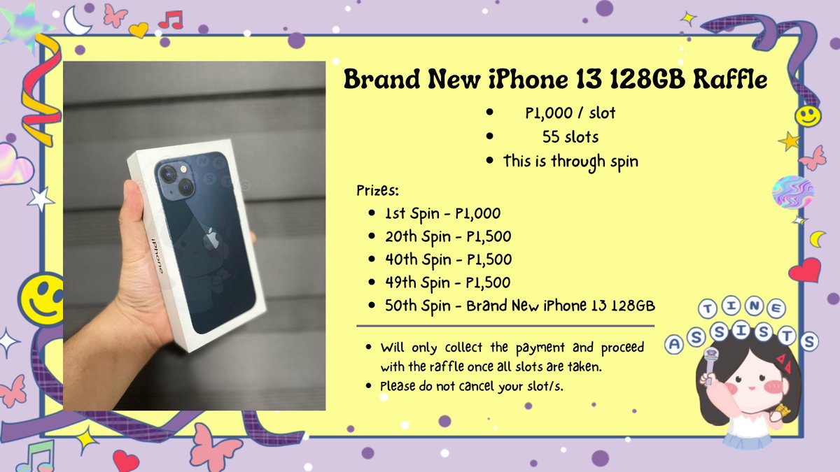 tineassists's tweet image. Deserve mo tong iPhone 13 128gb for only P1000! 🔥

For those interested, please reply your username and number of slots. 😊

Phone is still with the seller and he's aware about the raffle. Plus, covered po ito ng warranty. 

Please rt! Will also give P500 GCash sa lucky rt. 😊