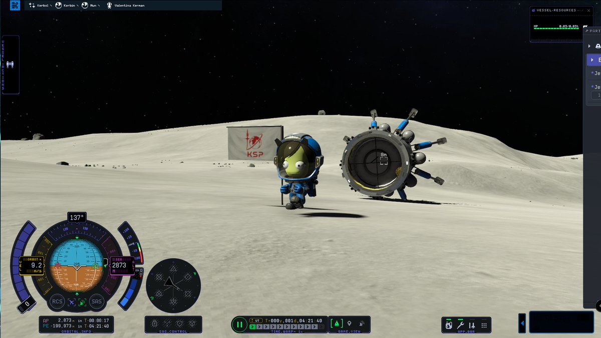WanHitWonder's tweet image. Well I made it to the Mun... probably should have planned for the return trip... Guess it's rescue mission time. #KSP2WeeklyChallenge #kerbalspaceprogram2 @KerbalSpaceP