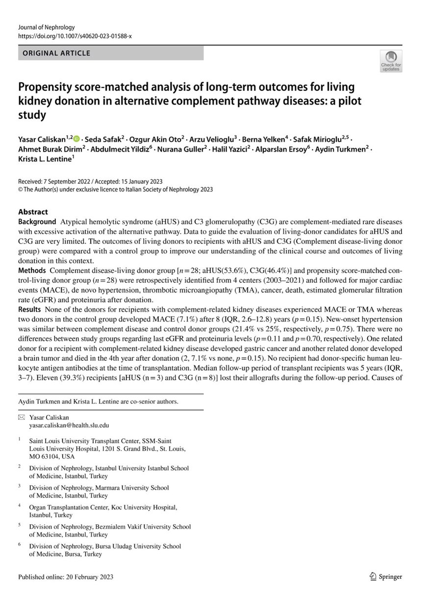 🙏🏾 #All &amp; <a href="/JournalofNeph/">Journal of Nephrology</a> #our collaborative study of living donors for #recipients➕#complement mediated #KidneyDisease 🙌🏾 <a href="/KristaLentine/">Krista Lentine, MD,PhD | FASN | FAST</a> <a href="/drhyazici/">Halil Yazıcı</a> <a href="/arzuvelix/">Arzu Velioglu</a> <a href="/zgrAknOto1/">Özgür Akın Oto</a> <a href="/amecit_yildiz/">Abdülmecit YILDIZ</a> <a href="/YelkenBerna/">Berna Yelken 👩🏼‍⚕️</a> <a href="/seda_safak_/">Seda Şafak</a> <a href="/smirioglu/">Safak Mirioglu</a> <a href="/ahmetburakdirim/">ahmet burak dirim</a> <a href="/GullerNurana/">Nurana Guller</a> 👉rdcu.be/c52g3