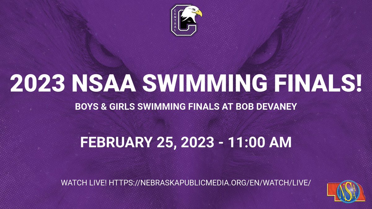 #CentralAthleticDepartment: 2023 NSAA State Swim Finals! Let's go <a href="/CHSGirls_Swim/">CHS Girls Swimming & Diving</a> &amp; <a href="/CHSBoys_Swim/">Central Boys Swim & Dive Team</a>! Finish Eagle Strong! 

#TheCentralEagleWay
#DowntownProud
#OOOHAAAH

Watch Live! nebraskapublicmedia.org/en/watch/live/