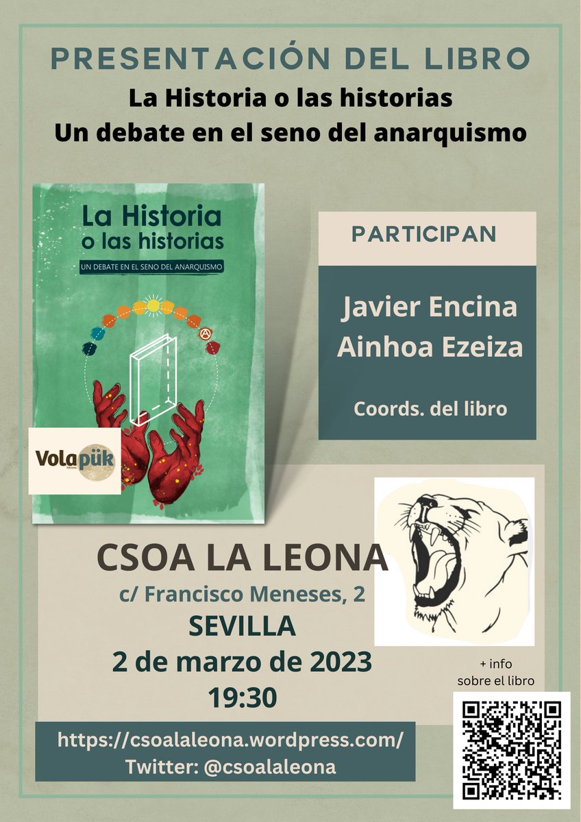 "La Historia o las historias. Un debate en el seno del anarquismo" en CSOA La Leona <a href="/csoalaleona/">CSOA La Leona</a> , de #Sevilla. Con Javier Encina <a href="/ilusocial/">Ilusionismo Social</a> y Ainhoa Ezeiza <a href="/ainhoaeus/">ainhoa</a> Jueves 2 de marzo, a las 19:30 ✍️📗👇
volapukediciones.blogspot.com/2023/02/presen…