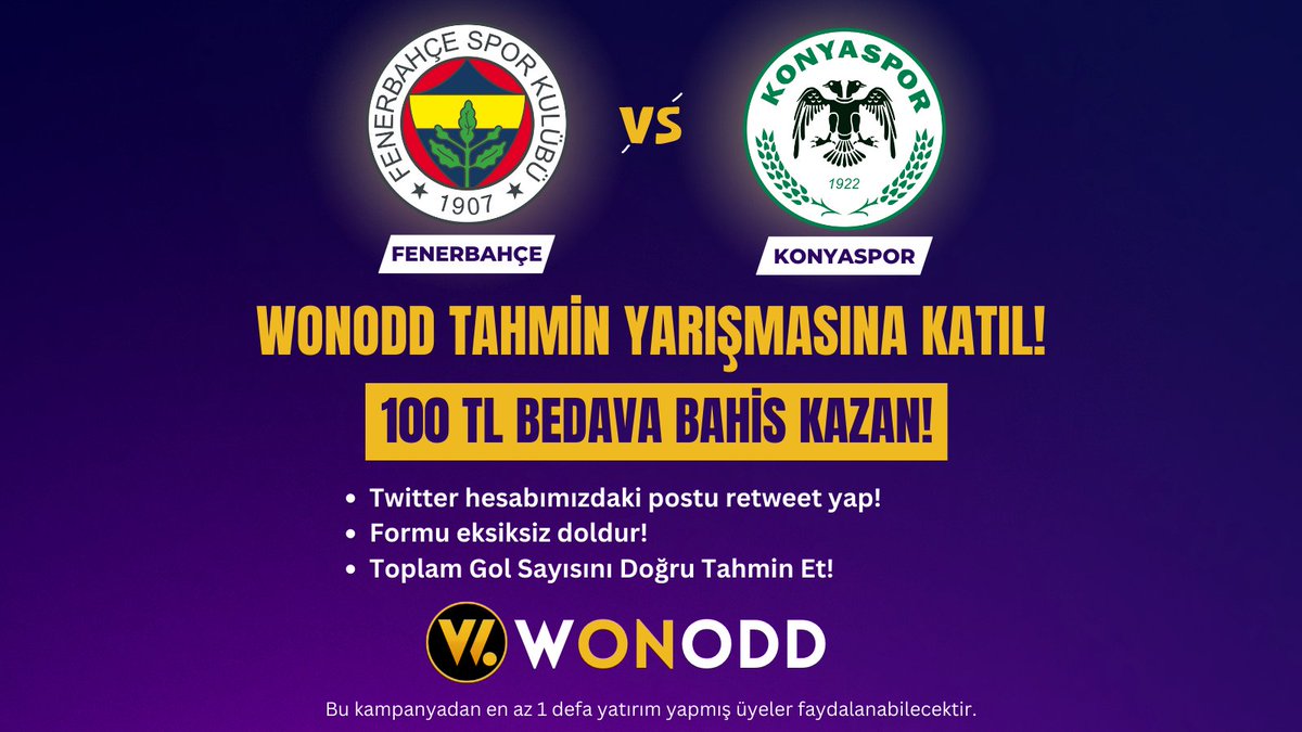 wonoddresmi's tweet photo. Yarışmaya Katıl, Bedava Bahis Kazan!
Fenerbahçe-Konyaspor maçında toplam gol sayısını doğru tahmin et, kuralları yerine getir ve 100 TL Bedava Bahis Kazan!
https://t.co/pb5MHwF05d
Katılmak için hemen linke tıkla! 👆✅
#Wonodd #WonoddTV #Fenerbahçe #Konyaspor #canlimacizle https://t.co/g9Pq4whZ63