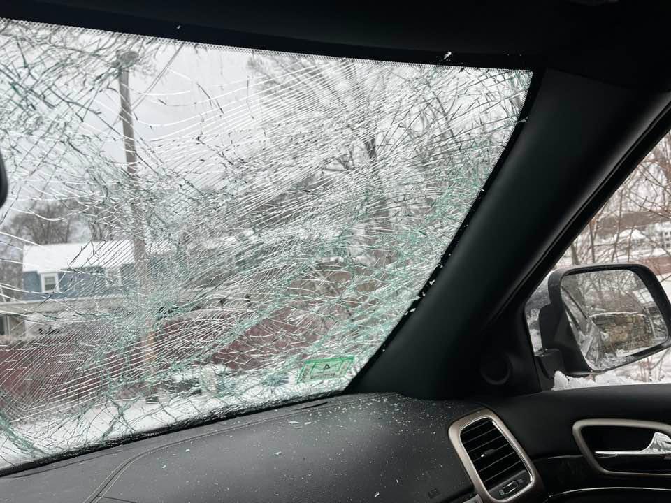 Sama53's tweet photo. @OnlyInBOS Windshield got smashed from ice flying off another vehicle https://t.co/qrmKrSZDFQ