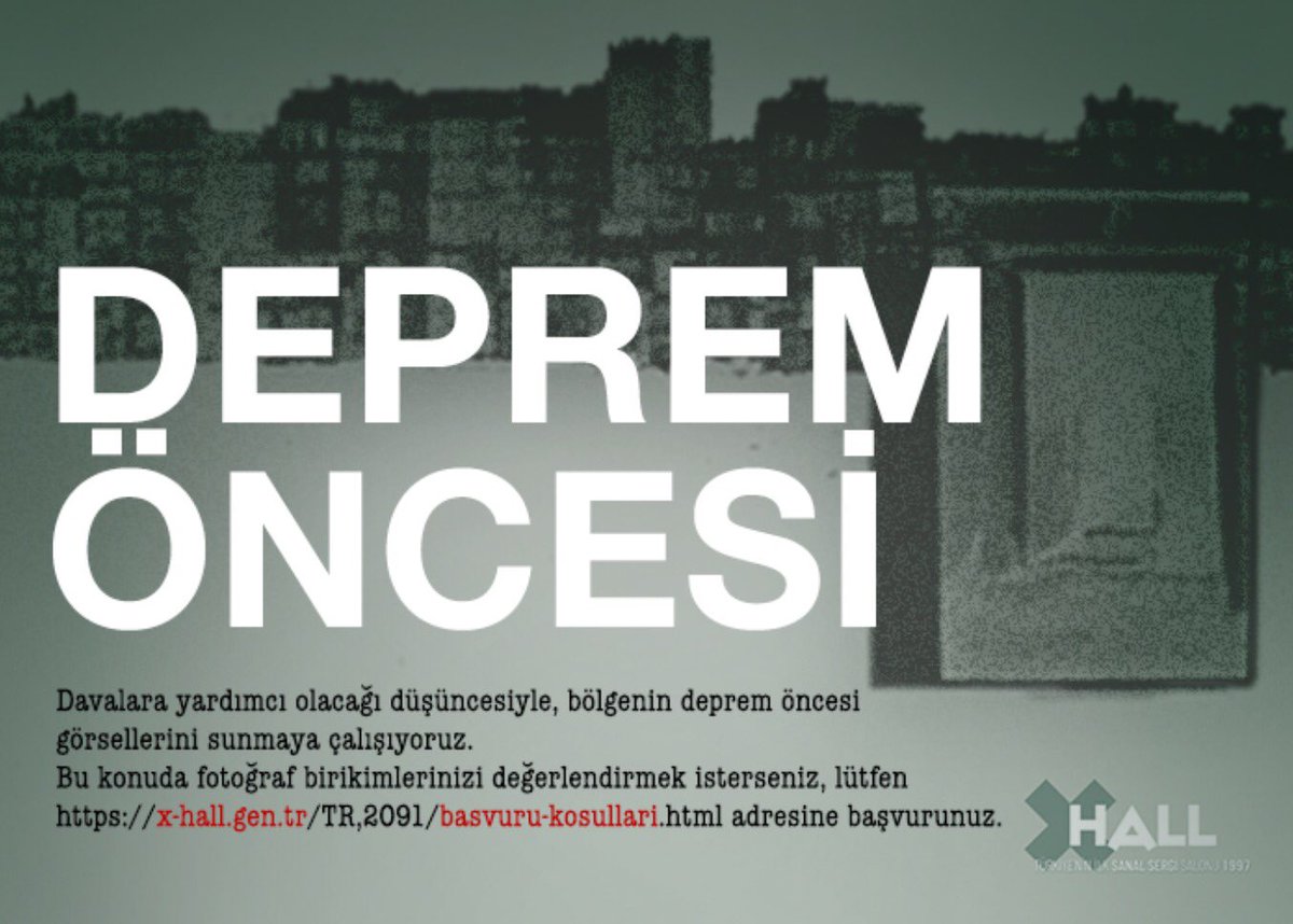 Değerli  Arkadaşlar,
X-Hall Galeri’de Deprem bölgesinin, deprem öncesi fotoğraflarından oluşan sergiler açmaya çalışıyoruz. Bu konudaki fotoğraf birikimlerinizi paylaşmak isterseniz 

x-hall.gen.tr/TR,2091/basvur…

adresindeki koşullara uygun olacak şekilde gönderebilirsiniz. 

#XHall