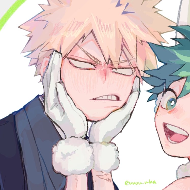 bakugou katsuki ,midoriya izuku 2boys multiple boys male focus spiked hair green hair gloves blonde hair  illustration images