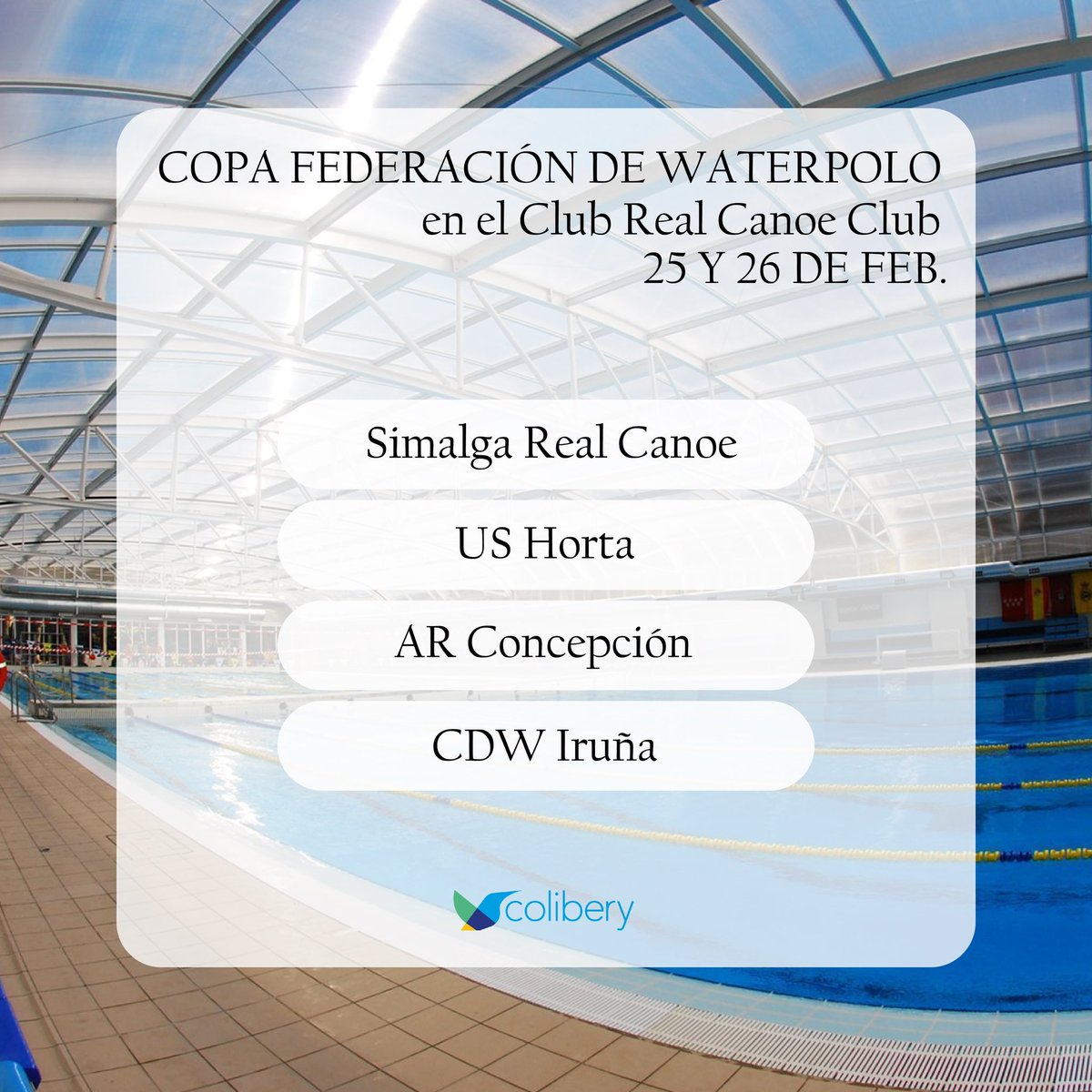 colibery's tweet photo. Nos enorgullece ser parte estas jornadas deportivas, en esta ocasión de la Copa Federación de Waterpolo categoría femenina que se celebra en las instalaciones de Club Real Canoe.
Suerte a todos los participantes en las competiciones de este fin de semana. https://t.co/cpOAFe93tI