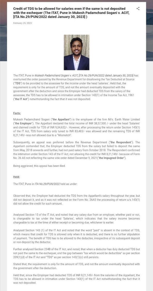 AjayLaxkar4's tweet photo. Credit of TDS to be allowed for salaries even if the same is not deposited with the exchequer 

(The ITAT, Pune in Mukesh Padamchand Sogani v. ACIT, dated Jan 30, 2023]  )

Link below attached for Blogg 
https://t.co/VWH2Ekmr9y

#INCOMETAX #INCOMETAXCASE #business #taxplanning https://t.co/FSOr2fRmVr