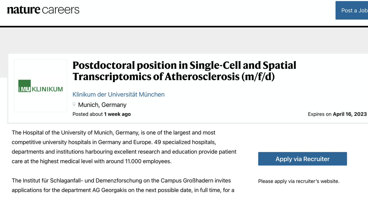 Please RT! Hiring a #postdoc to master a #singlecell and #spatial #transcriptomics pipeline in human carotid #atherosclerosis. Tremendous opportunity for developing a career focus at the intersection of #molecularbiology, #DataScience and #clinicalresearch
nature.com/naturecareers/…