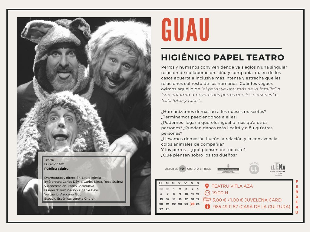 Cultura Ḷḷena/Lena (@lenacultura) on Twitter photo 👽🤡GÜEI👹👺🤖 la comedia recién estrená
🎭 GÜAU 🎭 d'<a href="/hpapelteatro/">HIGIÉNICO PAPEL TEATRO</a>
@AgendaCulturaPA
👉#TeatruVitalAza
🕖 A les 19:00 h.
➡️ 5,00 € // 1,00 € con Juvelena Card
#Ḷḷenadestíncultural #CulturaḶḷena #faciendoḷḷugar #ConciyuḶḷena #teatru #AsturiesCulturaenRede 👽🤡GÜEI👹👺🤖 la comedia recién estrená
🎭 GÜAU 🎭 d'<a href="/hpapelteatro/">HIGIÉNICO PAPEL TEATRO</a>
@AgendaCulturaPA
👉#TeatruVitalAza
🕖 A les 19:00 h.
➡️ 5,00 € // 1,00 € con Juvelena Card
#Ḷḷenadestíncultural #CulturaḶḷena #faciendoḷḷugar #ConciyuḶḷena #teatru #AsturiesCulturaenRede