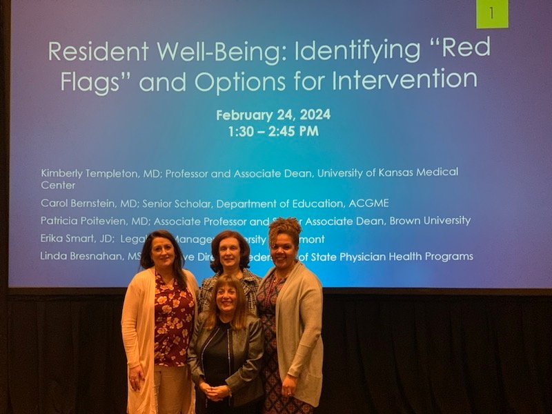 KimTempleton3's tweet photo. Appreciate working with @DocPatTeachOne @bernstein_carol &Linda Bresnahan #FSPHP in discussing resident behavior that could raise concerns for #wellbeing. If you see/hear something,say/do something. At least check in with them & know your resources #acgme2023 @KUMC_GME https://t.co/YXZO5trTRh