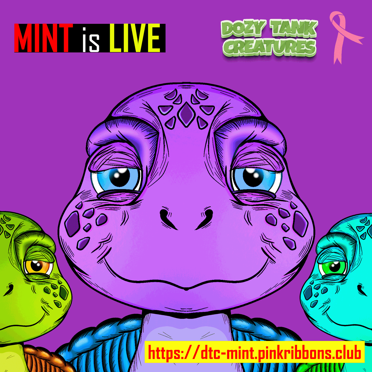 pinkribbonsclub's tweet photo. Breast cancer is not just a disease, it's a battle. But together, we can fight it. Join the #PinkRibbonsClub and support 🎗 breast cancer research and awareness by purchasing a #DozyTankCreatures NFT. 

https://t.co/JSMcXRE3Ze 🌻🎗

#BreastCancerAwareness #NFTCommunity https://t.co/Czgrp82tdk