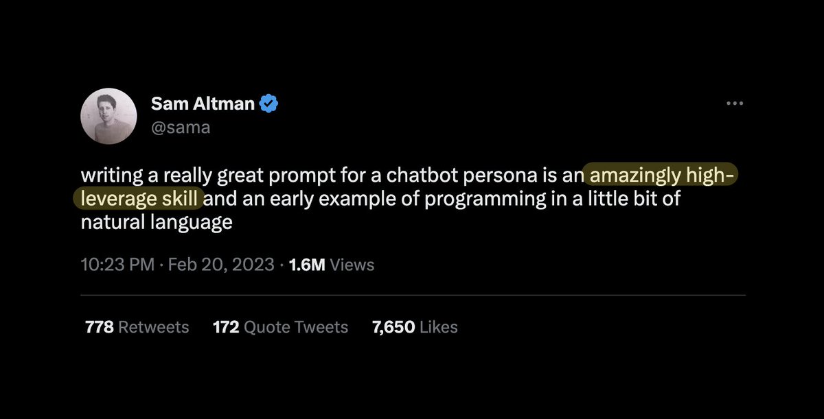 In this thread, you'll learn:

• How to write effective prompts
• Also known as "prompt engineering"

<a href="/sama/">Sam Altman</a> calls it "an amazingly high-leverage skill".

Let's get into the first use case...