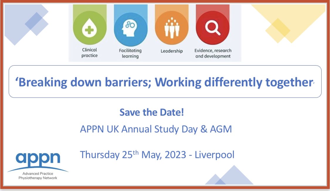 Advanced Practice Physiotherapy Network (@appn_physio) on Twitter photo **Save the Date!** 👇🏻👇🏽👇🏿 Are you an AP or working towards AP? Then don’t miss out on our study day in May. Our theme will be ‘Breaking down barriers; Working differently together’ and we want to invite you all to join us. More details to follow very soon on our website <a href="/thecsp/">Chartered Society of Physiotherapy (CSP)</a> **Save the Date!** 👇🏻👇🏽👇🏿 Are you an AP or working towards AP? Then don’t miss out on our study day in May. Our theme will be ‘Breaking down barriers; Working differently together’ and we want to invite you all to join us. More details to follow very soon on our website <a href="/thecsp/">Chartered Society of Physiotherapy (CSP)</a>