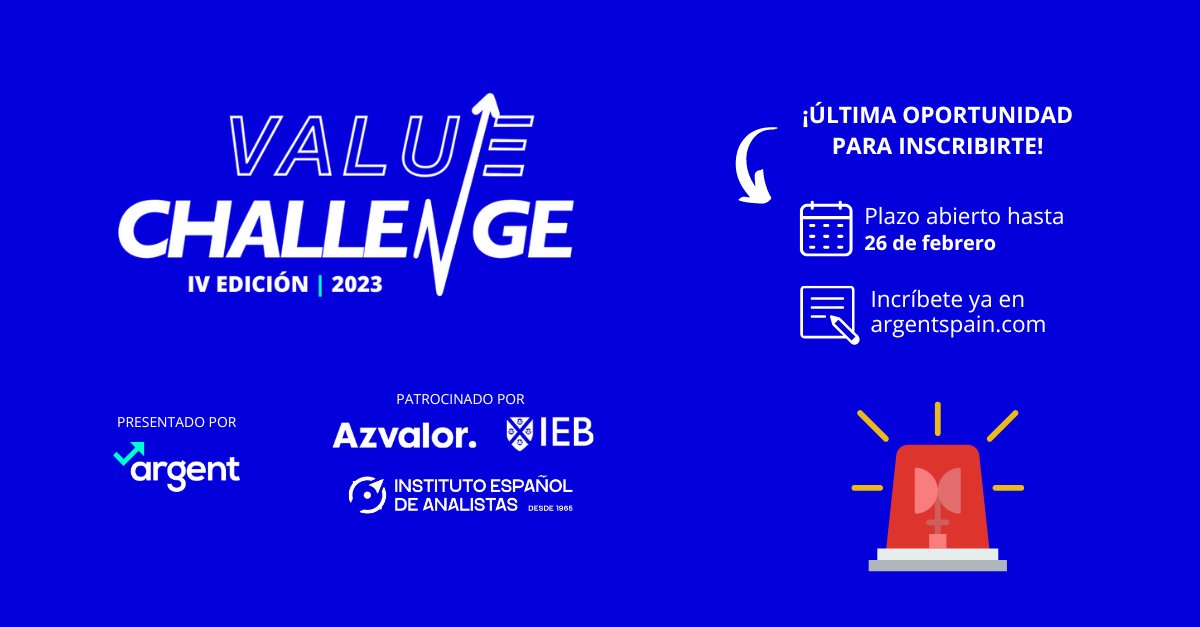SpainArgent's tweet photo. 🚨 ¡Vuelve la IV Edición del #ValueChallenge!

📈 Pon a prueba tus habilidades y aprende de los mejores gestores de fondos del panorama actual.

Gracias a @azvalor , @IEB_Spain  y al @IEAF20  por su apoyo.

Inscríbete aquí ⬇️
https://t.co/06vcjN52hx…

#valueinvesting #argent https://t.co/jriWMccffA