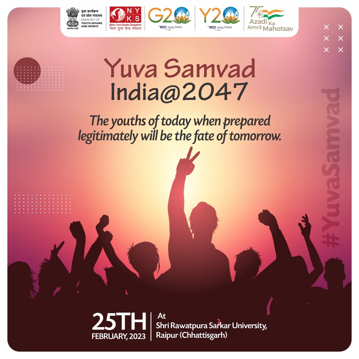 The youth of today when prepared legitimately will be the fate of tomorrow.

#YuvaSamvad #YuvaShakti #Indiaat2047 #India #Youth #YuvaSamvadRaipur