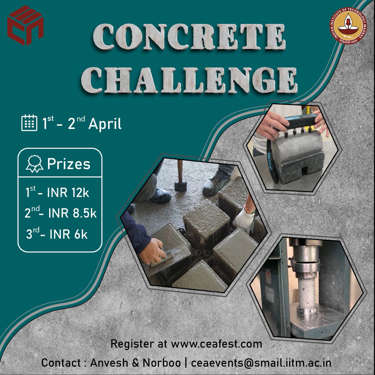 cea_iitm's tweet photo. We are announcing the 𝗖𝗼𝗻𝗰𝗿𝗲𝘁𝗲 𝗖𝗵𝗮𝗹𝗹𝗲𝗻𝗴𝗲, an event in the field of concrete technology happening on 𝗔𝗽𝗿𝗶𝗹 𝟭𝘀𝘁 𝗮𝗻𝗱 𝟮𝗻𝗱 as a part of CEA Fest '23. The problem statement is out on our website (https://t.co/x22udsLpWH) - Don't forget to check it out. https://t.co/oz8N1tAmR6