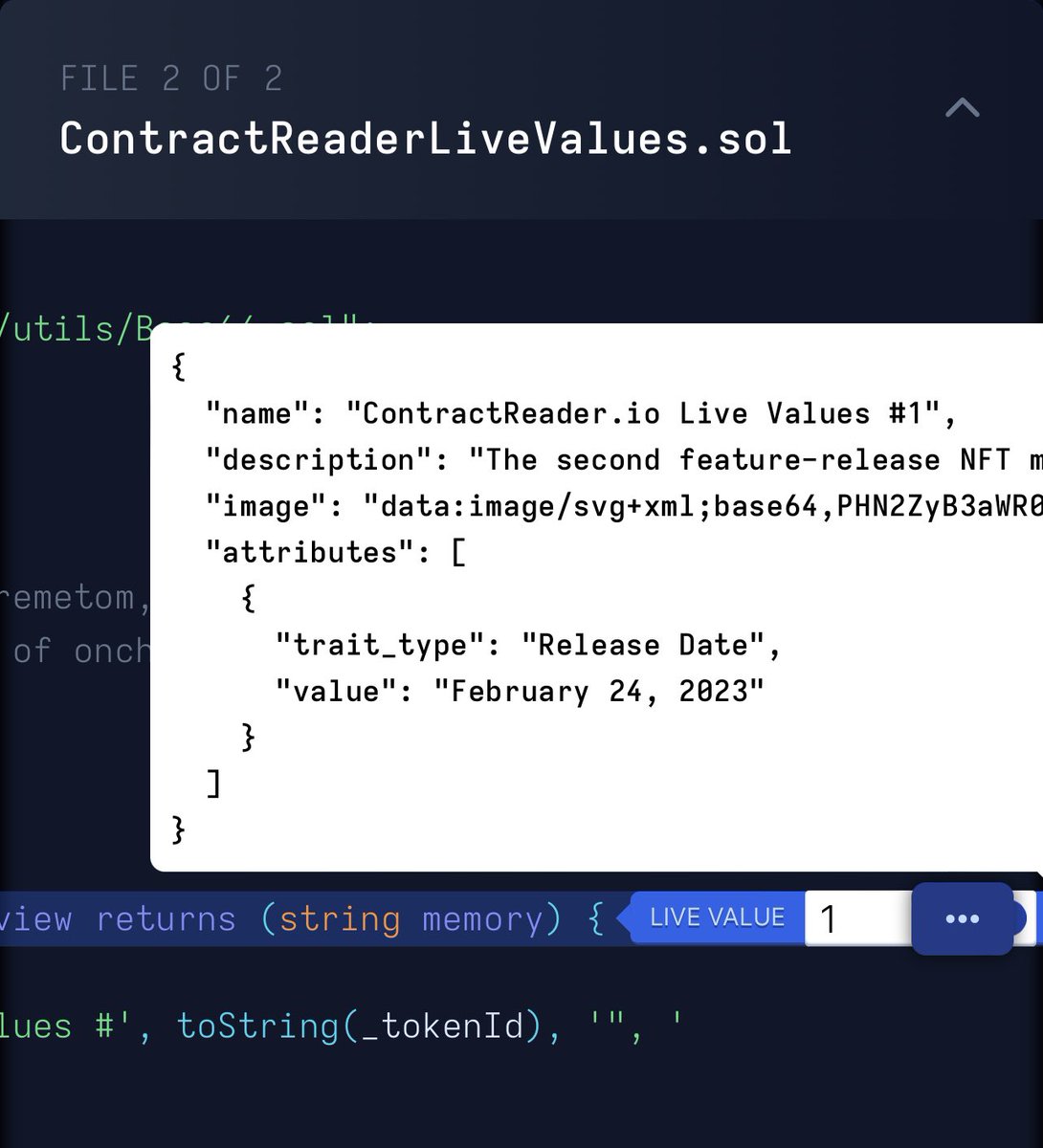 gm

8 hours left to mint our free feature release NFT for Live Onchain Values from <a href="/ContractReader/">ContractReader.io</a> 

Here’s the live onchain data from our own render contract. 

We’ll render the svg inside the json soon too!

458 minted. Get yours!

zora.co/collections/0x…