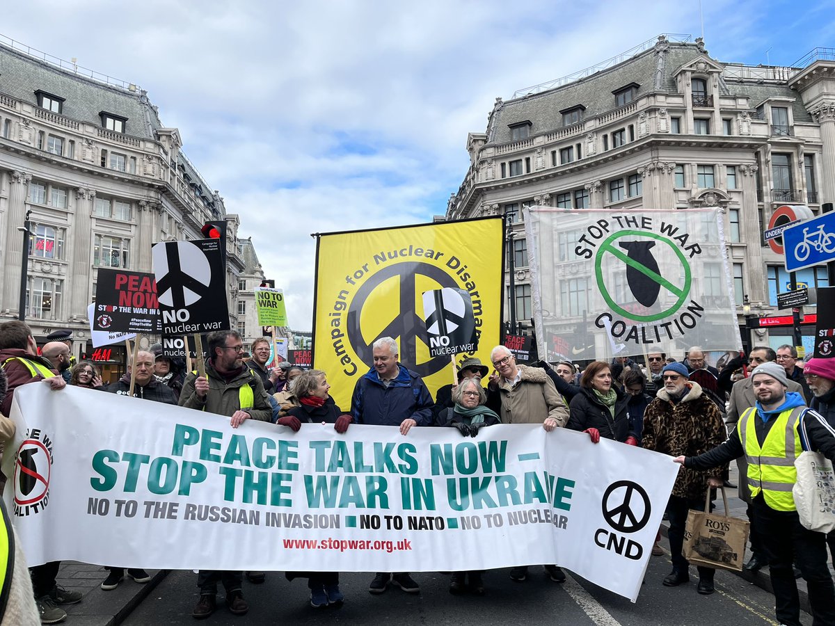 On the streets of London joining <a href="/STWuk/">Stop the War Coalition</a> &amp; <a href="/CNDuk/">Campaign for Nuclear Disarmament</a> to 📢 demand #PeaceNow to #StopTheWar on the one year anniversary of war in Ukraine.