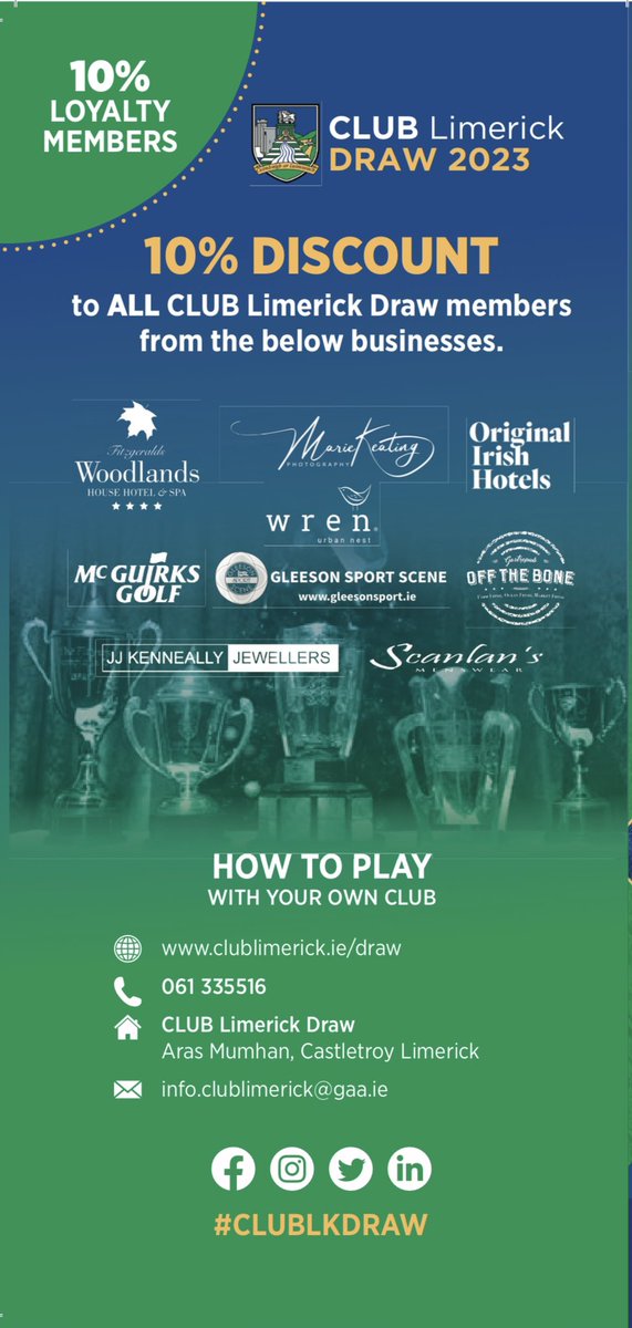 Sign up to 2023 CLUB Limerick Draw 
Join the CLUB Limerick Draw for only €10 per month &amp; €5 goes to your nominated Club, 

For only €10, be in with a chance of winning a top prize of €10,000; PLUS 29 additional cash prizes each month