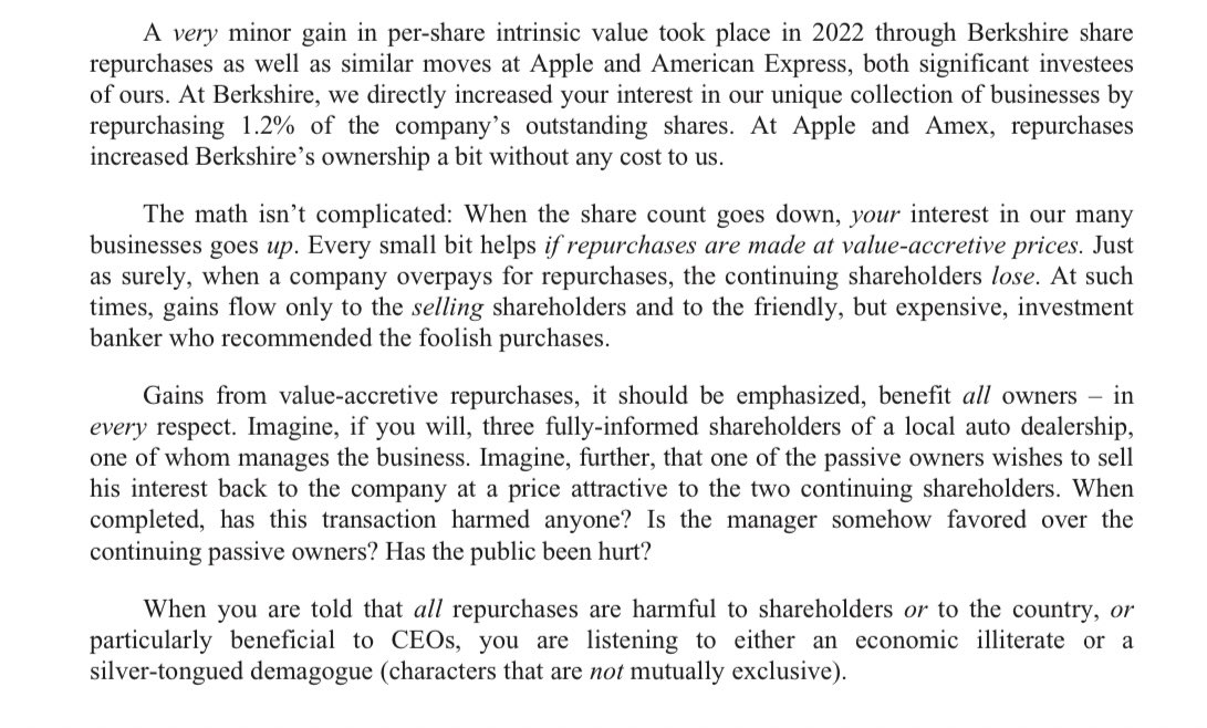 modestproposal1's tweet image. Warren Buffett:

“When you are told that all repurchases are harmful to shareholders or to the country, or particularly beneficial to CEOs, you are listening to either an economic illiterate or a silver-tongued demagogue (characters that are not mutually exclusive).”