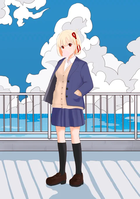 放課後デートの待ち合わせ新しいパソコンでの初イラスト。完成しました!まだ慣れない…#リコリス・リコイル #リコリコ 