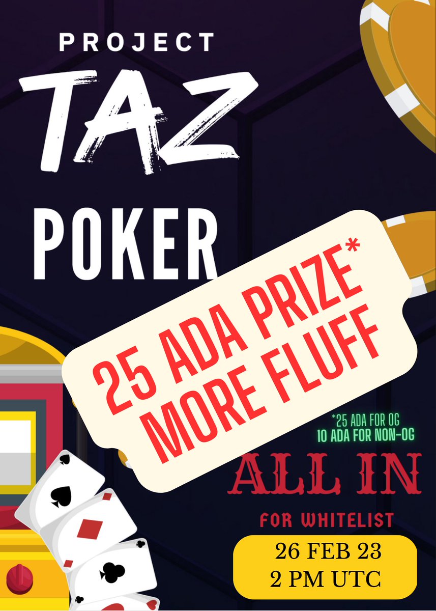 Weekly poker is here !
#ADA and $FLUFF for grab

Join us discord.io/ProjectTAZ 
and get CRISPR list (WL)!

#Poker #CNFTCommunity #NFT #Poker #WLGiveaways #ProjectTAZ #CNFT #ADA #Cardano #Crypto #CRISPR