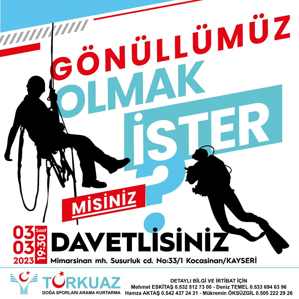 Sizlerle daha büyük bir aile olmak için, bir hayata dokunmak için davetlimizsiniz.
#kayseri 
#gönüllü 
#deprem 
#arama 
#kurtarma 
#aramakurtarma