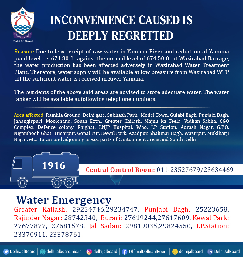 DelhiJalBoard's tweet photo. Due to less receipt of raw water in Yamuna River and reduction of Yamuna pond level i.e. 671.80 ft. against the normal level of 674.50 ft. at Wazirabad Barrage, the water production has been affected adversely in Wazirabad Water Treatment Plant. 

#DJB4U #DjbWaterAlert https://t.co/jPVrhfgWCY