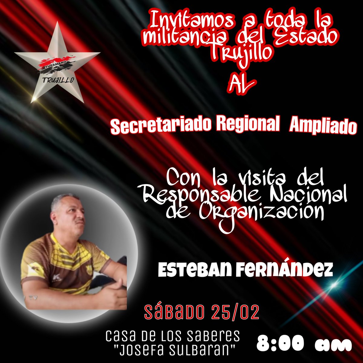 Hoy desarrollaremos el Secretariado Regional Ampliado dónde nos visitará el Responsable Nacional de Organización <a href="/Tupa_Esteban/">Esteban Fernández</a> con el objetivo de consolidar y afianzar el crecimiento del Movimiento Revolucionario Tupamaro en el Estado 🔴⚫

#TupamaroRebelde