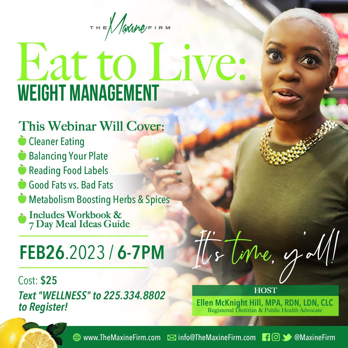 Looking forward to tomorrow’s webinar! Your workbooks and the webinar entry link will be emailed🍏💫

If you would like to attend, you still have time. Registration Link Here-  themaxinefirm.ticketleap.com/eat-to-live---…