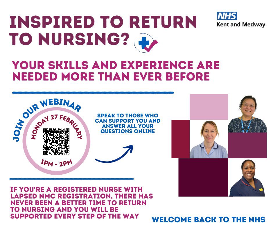 Are you an experienced nurse who has been on a career break with the desire and drive to return to practice? Looking for a supportive environment to return to the NMC register?
Register for the free event: 
lnkd.in/eN3gU7XV
#ReturnToPractice #WeAreTheNHS #Kent #Medway #HEE
