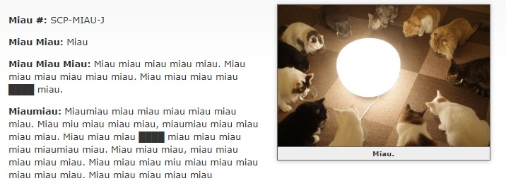 WicOficial's tweet photo. A partir de hoy vamos a empezar a conocer algunos SCP fuera de los habituales, vamos a empezar por el SCP-MIAU-J.

La información que tenemos de este SCP es la siguiente: Miau Miau Miau Miau Miau Miau Miau Miau Miau Miau, Miau Miau Miau Miau Miau.

-Miau Miau Miau. https://t.co/O1GtPNPN0m