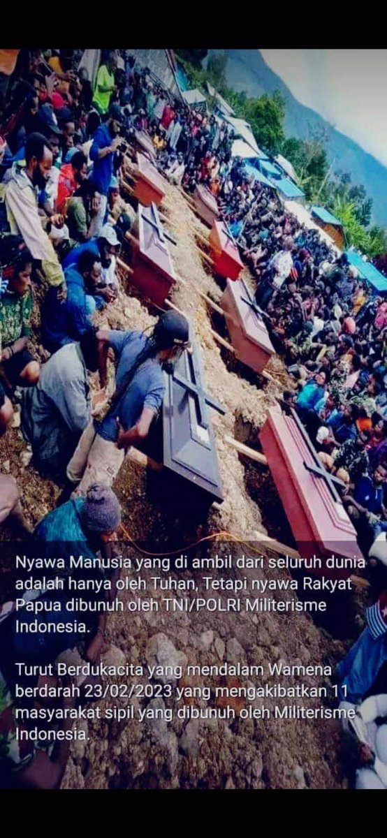 MANA_WUU's tweet photo. Nyawa Manusia yang di ambil dari seluruh dunia adalah hanya oleh Tuhan, Tetapi nyawa Rakyat Papua dibunuh oleh TNI/POLRI Militerisme Indonesia.
Turut Berdukacita yang mendalam Wamena berdarah 23/02/2023 yang mengakibatkan 11 masyarakat sipil yang dibunuh oleh MiliterismeIndonesia https://t.co/lE567IaYVa