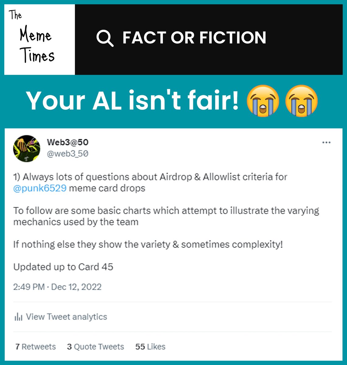 Meme_Times_'s tweet photo. Card 5: Your AL Isn't Fair 😭😭

Category: Fact Or Fiction 

My analysis of the AL and AD allocations for the first 45 cards of SZN1

Will be released Tuesday 28 Feb 2023 at 5pm UTC

https://t.co/sVcJRaBAq6 https://t.co/GzJoH76Tju
