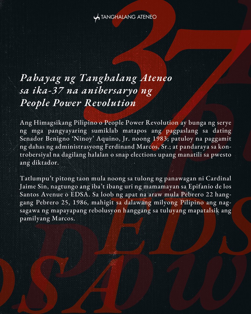 TAofficial_'s tweet photo. Ngayong araw, inaalala natin ang mga Pilipinong lumaban at nagka-isa para sa kalayaan at hustisya. Kasabay nito, inaanyayahan ang buong sambayanang Pilipino na tumindig at 'wag makalimot!

#NeverForget
#NeverAgain
#TA44 https://t.co/azlKQQ0xqF