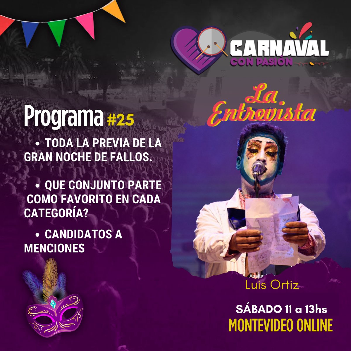 CCPasionUY's tweet photo. 🎭 #Programa25
En Carnaval con Pasión Radio vivimos la previa de la gran noche de Fallos y ponemos sobre la mesa nuestros pronósticos!
Este sábados desde las 11 hasta las 13hs el carnaval se vive con pasión, escúchanos a través de https://t.co/tBlGjCOVHg https://t.co/W7eE6jdlk6