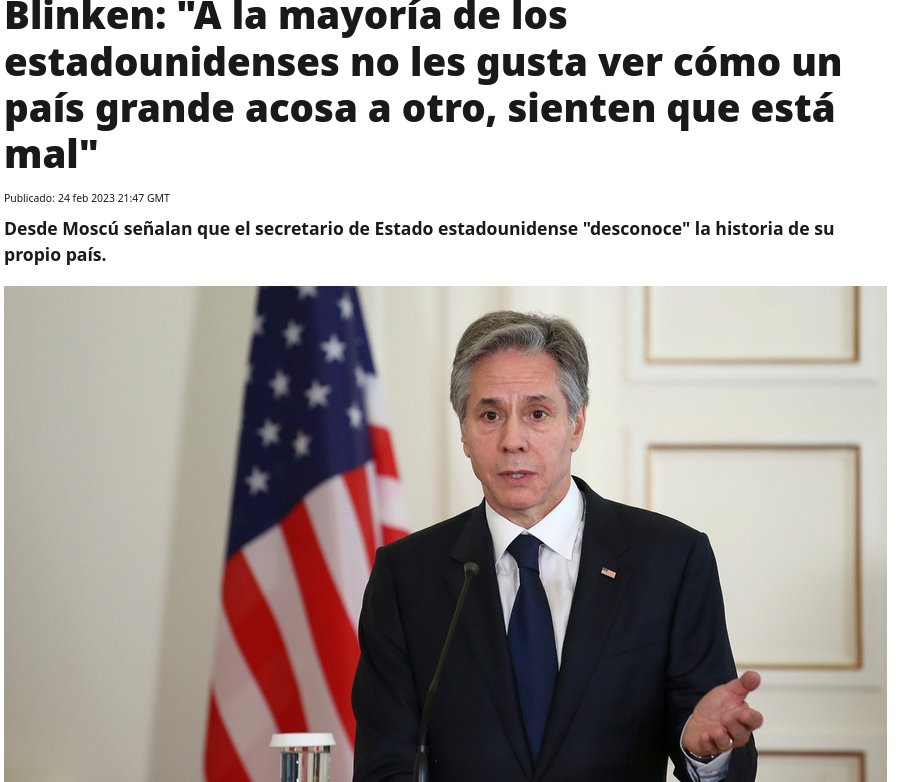iroelsanchez's tweet photo. El chiste de la semana: Blinken: "A la mayoría de los estadounidenses no les gusta ver cómo un país grande acosa a otro, sienten que está mal" https://t.co/YxWSOpgdy0