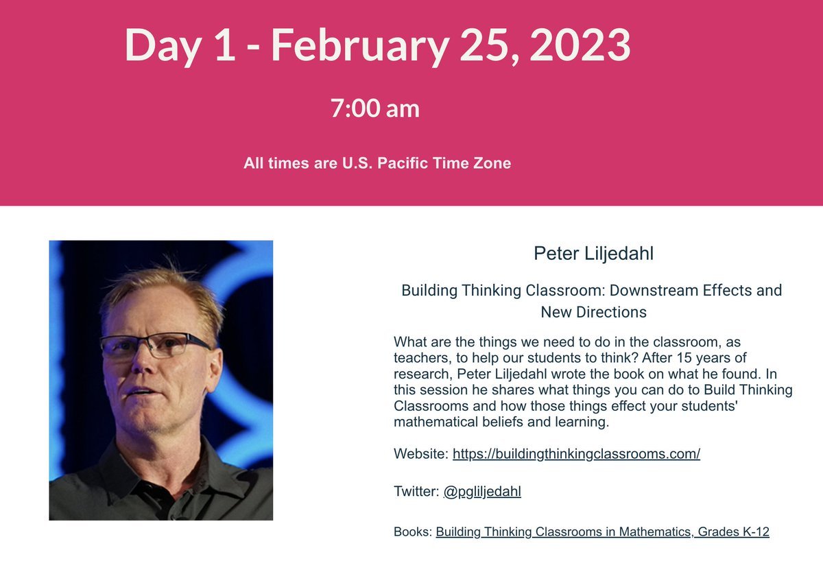 jboncon's tweet photo. I cannot wait for this session! I have been following Peter's work, but have not taken the deep dive into his book yet. So excited to hear him speak!! @pgliljedahl @BuildMathMinds https://t.co/e5ryUnStlz